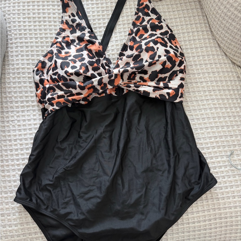 Kids One-Piece Swimsuit with Black and Leopard Print